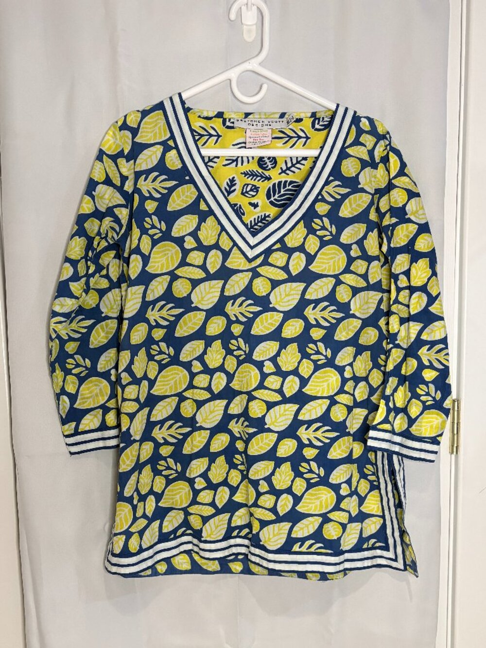 Gretchen Scott Designs Blue&Yellow Leaf Print Swim Cover Up/Tunic Top | Size M